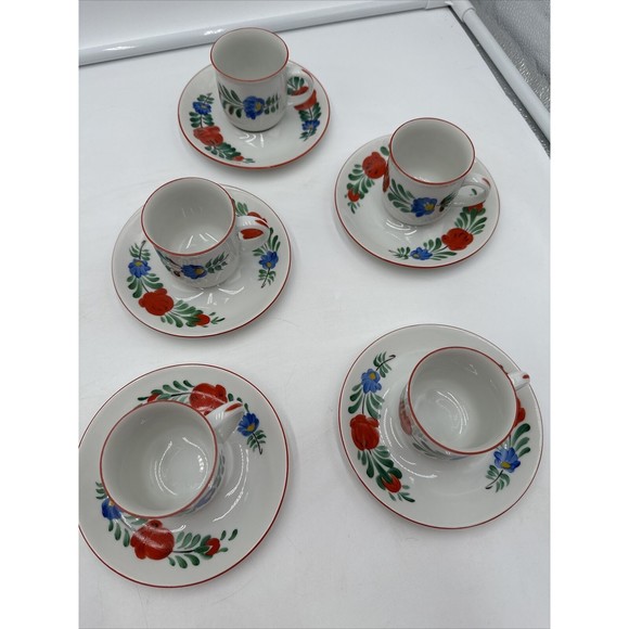 Set Of 5 Rare Kalocsa Espresso Demitasse Cups And Saucers Folklor K.F.T. Hungary - Picture 3 of 9